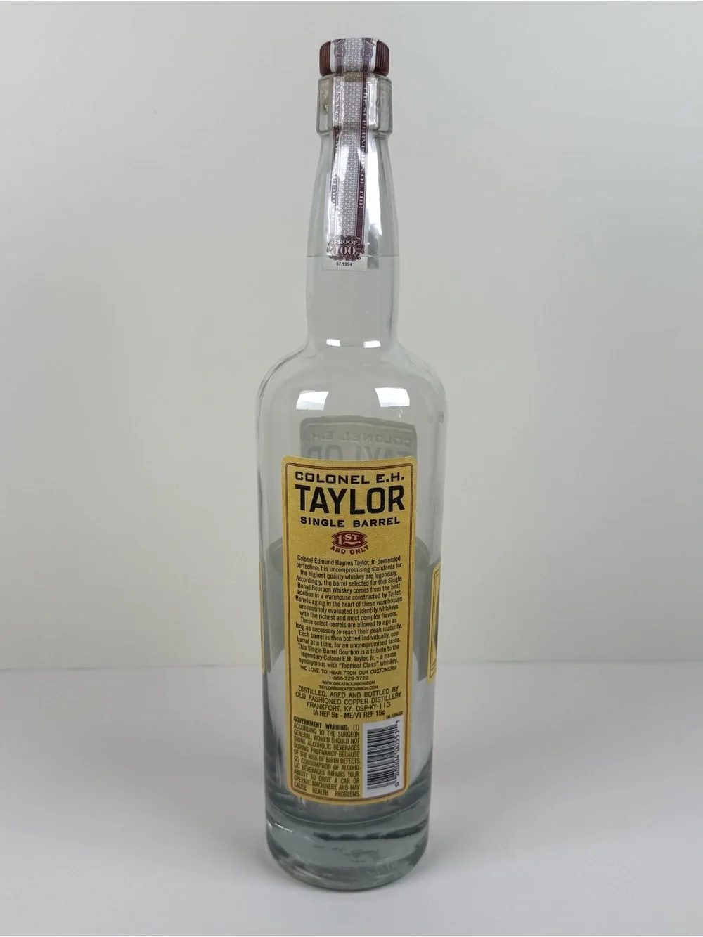 Colonel EH Taylor Single Barrel Bourbon Empty & Unrinsed 750 ml Bottle & Tube